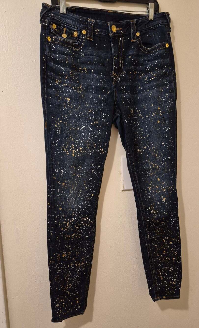 True Religion Paint Splatter Jeans Size 34 Dark Wash Gold And Silver Speckles